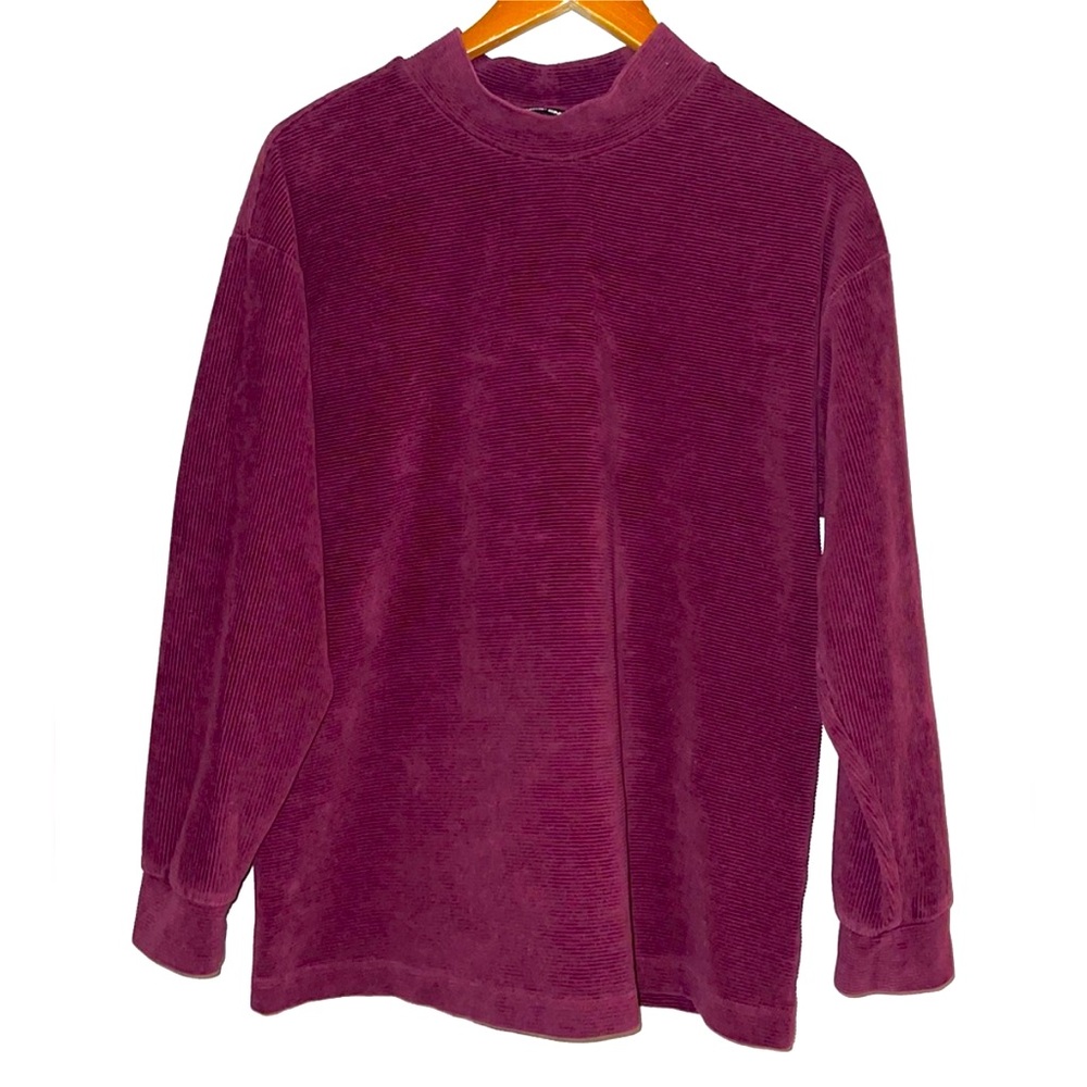Womens Lands’ End Ribbed Velvet Velour Mock Neck Shirt in Red Wine